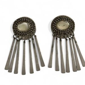 VINTAGE EARRINGS 70s clip long rhinestone moonstone tassel metal silver dangly